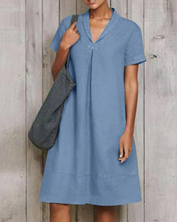 Casual Short Sleeve Pure Linen Mini Dress