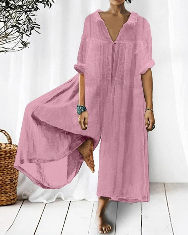 Casual Loose and Comfortable V-neck Mid-sleeved Jumpsuit