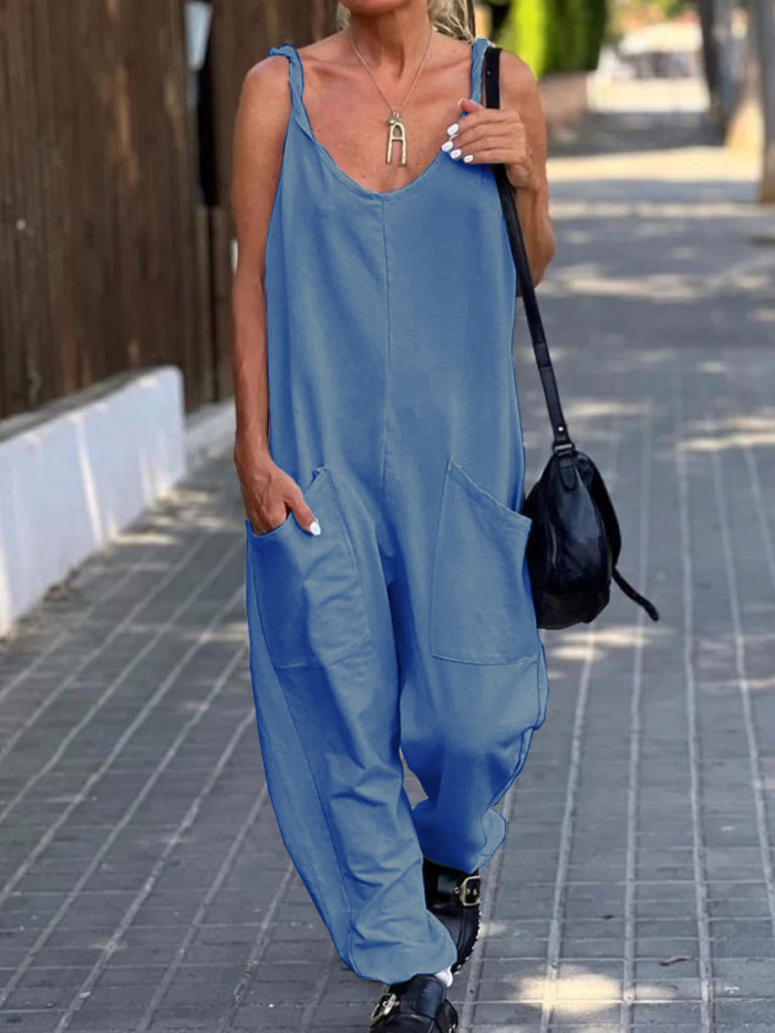 Casual Loose and Comfortable Solid Color Pocket Jumpsuit