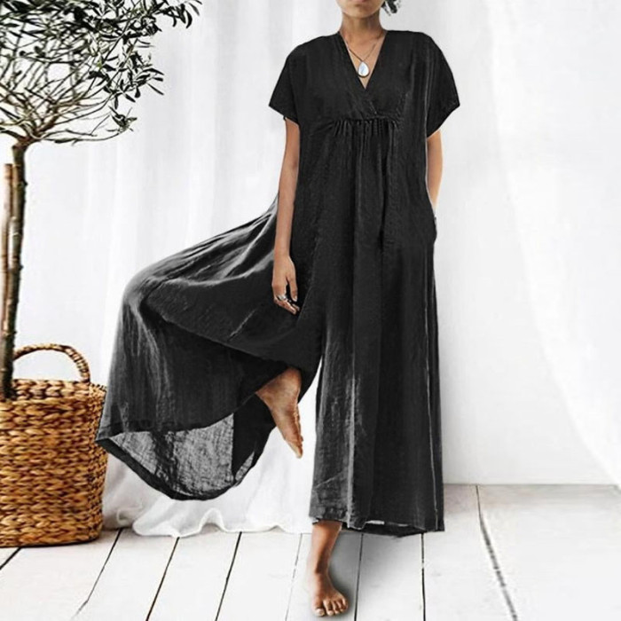 Casual Loose and Comfortable V-neck Long Short-sleeved Jumpsuit