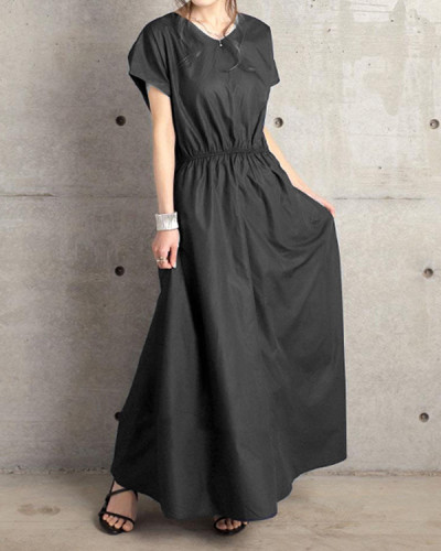 Solid Color Simple Short-sleeved Long Dress