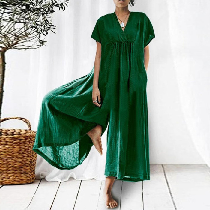 Casual Loose and Comfortable V-neck Long Short-sleeved Jumpsuit