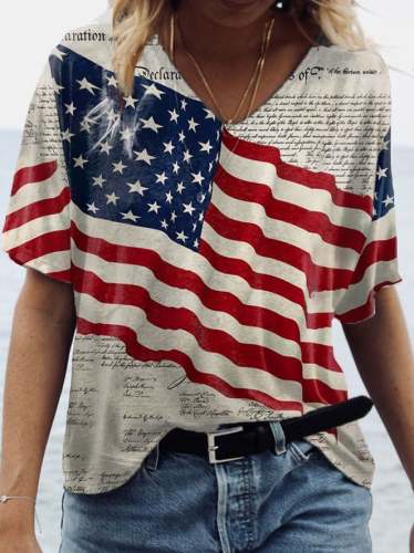 Women's Independence Day American Flag Print V-Neck Tee