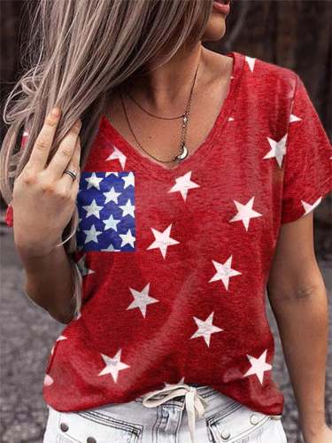 Women's Star Print V-Neck Casual T-Shirt
