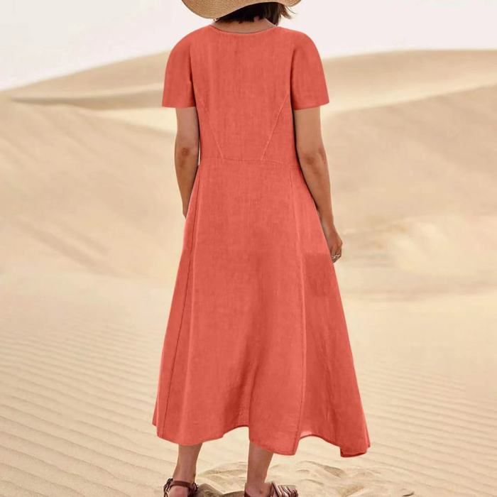Solid Color Cotton Linen Loose Casual Pocket Dress