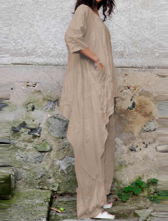 Casual Loose Irregular 3/4 Sleeve Cotton and Linen Two-piece Suit
