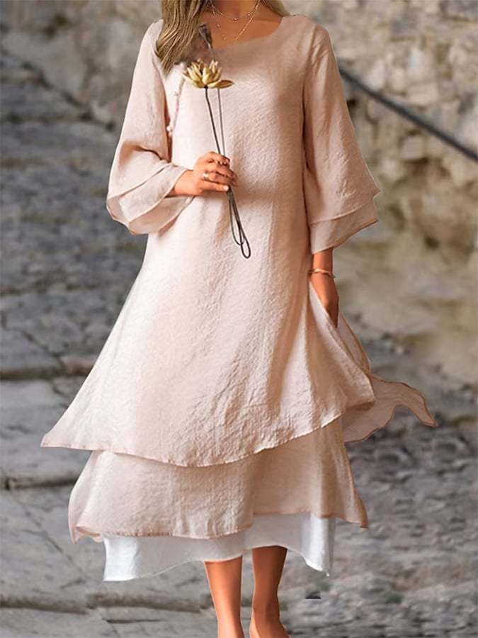 Cotton and Linen Contrasting Double Layer Vintage Dress