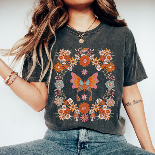 Retro Butterfly Wildflowers Graphic T-shirt