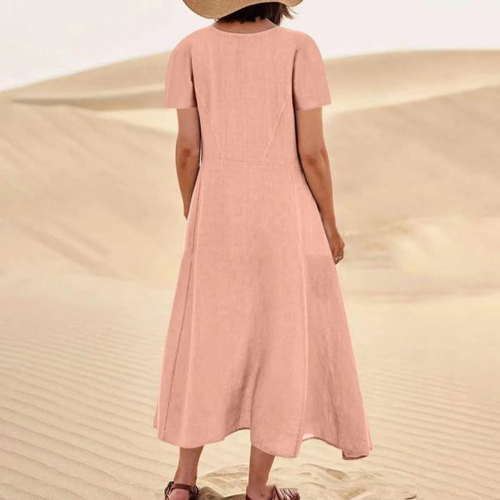 Solid Color Cotton Linen Loose Casual Pocket Dress