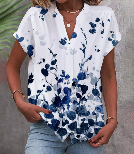 Ladies Shirt Button Plant Floral Short Sleeve Casual Top