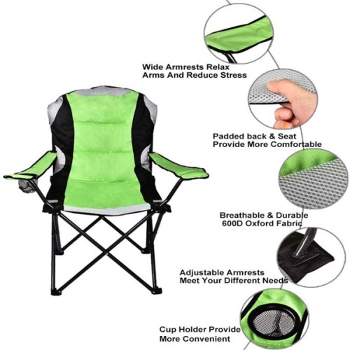 600D PVC powder coated portable folding chair, steel tube frame camper chair, 350 lbs, net weight 9.3 lbs, with cup holder and pad