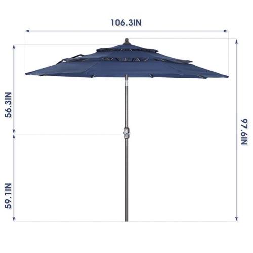 Patio Umbrella 3 Tiers Outdoor Umbrella Patio Table Umbrella with Push Button Tilt, Crank and 8 Ribs - navy blue