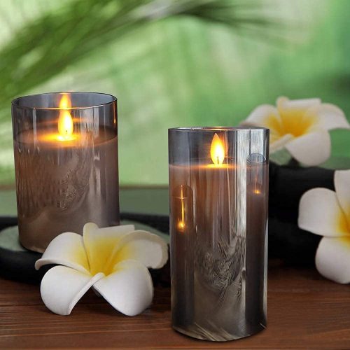 Flickering Flameless Led Candles Set with Timer Remote, Black Glass