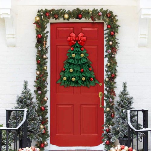 Green Linen Christmas Tree Door Hanger Wreath 24 in x 16 in