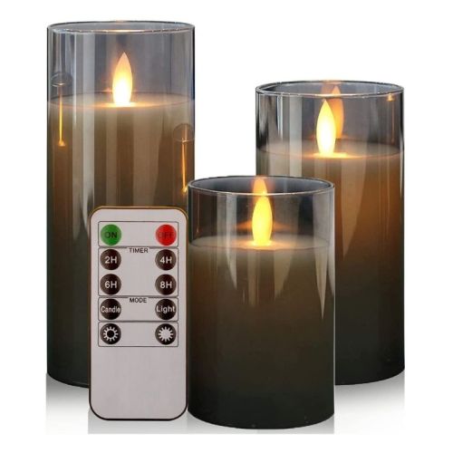 Flickering Flameless Led Candles Set with Timer Remote, Black Glass