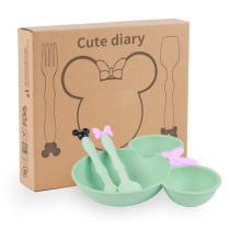 Cute diary Dishes 3Pcs/set Cartoon Baby Bowl Tableware Set Wheat Straw Children's Dishes Kids Dinner Feeding Plate Bowknot Food Plate Spoon Fork