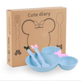 Cute diary Dishes 3Pcs/set Cartoon Baby Bowl Tableware Set Wheat Straw Children's Dishes Kids Dinner Feeding Plate Bowknot Food Plate Spoon Fork