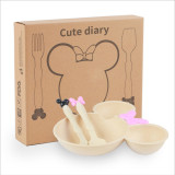 Cute diary Dishes 3Pcs/set Cartoon Baby Bowl Tableware Set Wheat Straw Children's Dishes Kids Dinner Feeding Plate Bowknot Food Plate Spoon Fork