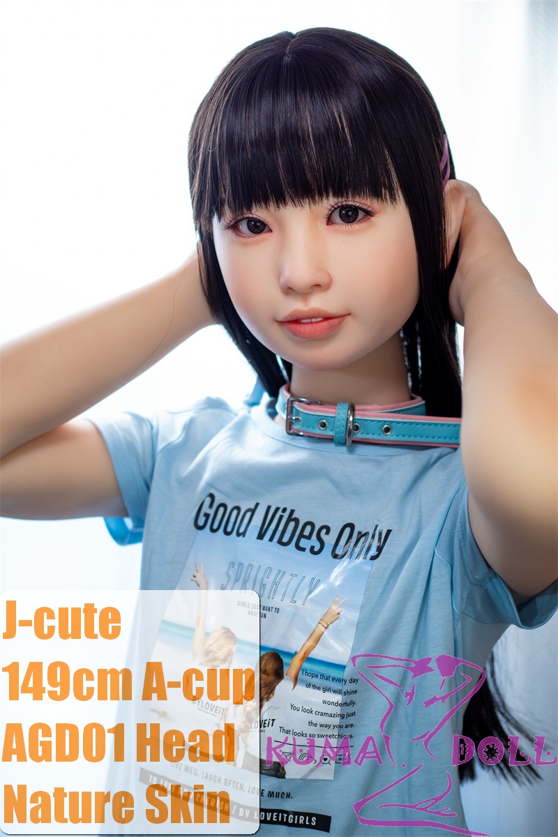 J-cute Doll Full Silicone Love Doll 149cm/4ft9 A-cup with Silicone Head AGD01 with new body makeup in Blue T-shirt