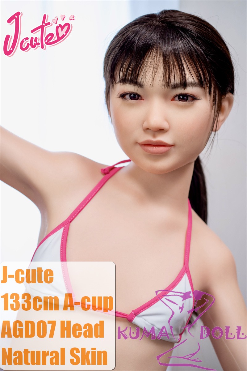 J-cute doll 133cm AA-cup AGD07 head sex doll full silicone material in Pink and White Bikini with Black Ponytail