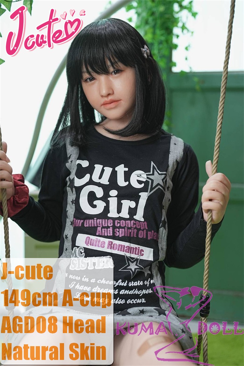 J-cute Doll Full Silicone Love Doll 149cm/4ft9 A-cup with Silicone Head AGD08 in Black T shirt