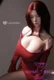 Realistic Asian sex doll in red bodycon dress and matching red wig