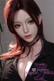 Realistic sex doll with red hair and large breasts in tight black outfit