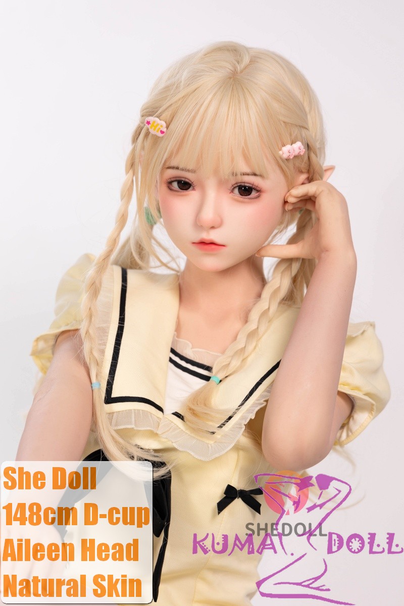 SHEDOLL 148cm D Cup Aileen Head Full Silicone – Blonde Lolita Style Love Doll in White Thigh Highs
