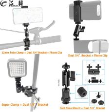 Magic Arm Dual Ball Head 1/4  Mount Bracket Metal w Phone Clip &  Super Clamp Cold Shoe for Monitor Light DV DSLR for OSMO 360/GoPro 13 9 8