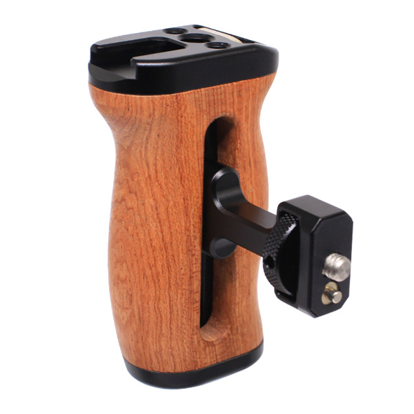 Wooden Side Handle for 1/4 -20 Threaded, Camera Cage Handle for Left or Right Hand, Up and Down Adjustable, Hand Grip with Built-in Cold Shoe