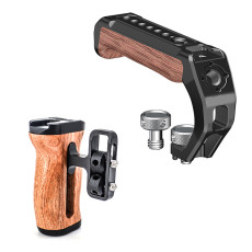 Camera Top Handle & Wooden Side Handle for Dual 1/4 -20 Threaded, Camera Cage Handle with Cold Shoe, Up and Down Adjustable, Hand Grip for Left or Right Hand