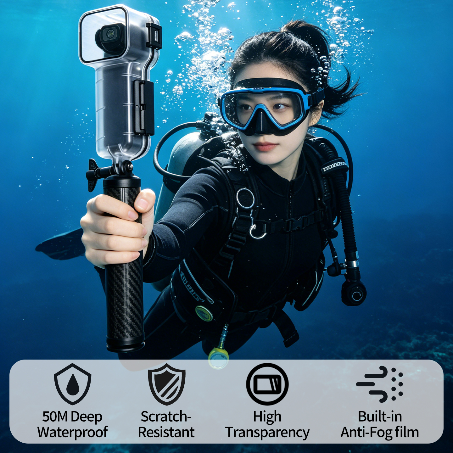 50M Waterproof Diving Case for Pocket 4, Underwater Protective Housing with Cold Shoe Mount, Dual Slot Base & Buoyancy Handle, Anti-Fog Lens for Snorkeling Diving