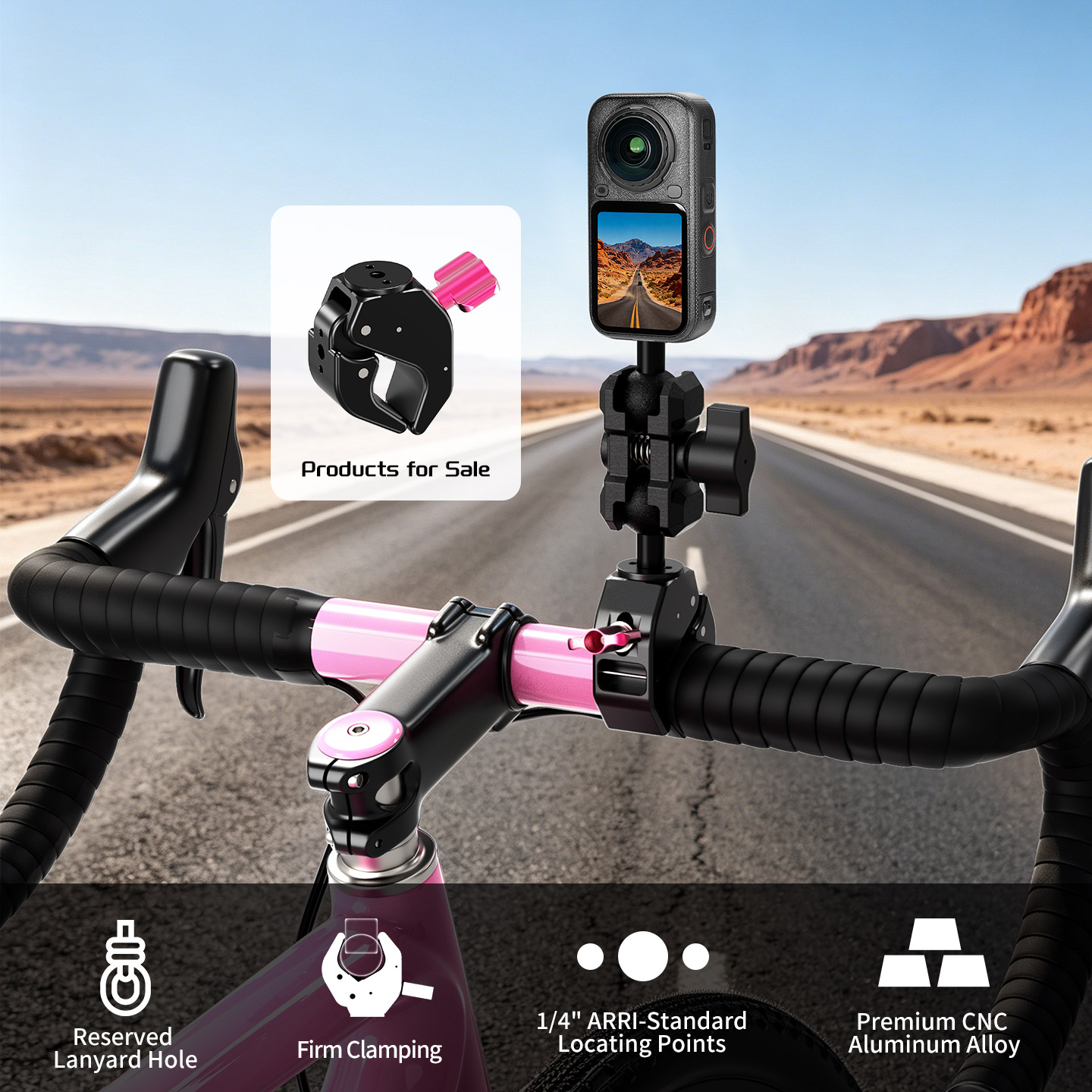 Super Clamp with 1/4  Screw & 1/4 ARRI-standard Positioning Hole, 360° Rotation Adjustable Camera Mount Adapter for Bike Motorcycle Monitor