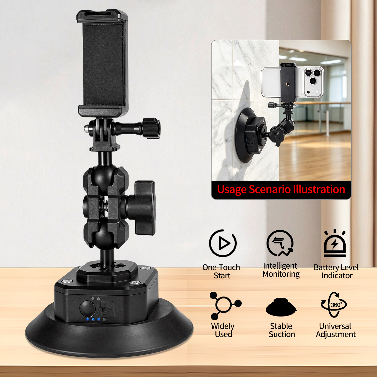 Vacuum Suction Cup Camera Mount, Aluminum Alloy Automatic Air Replenishment Car Windshield DSLR Holder, High-Seal Silicone Base for Phone Clips, Tripods