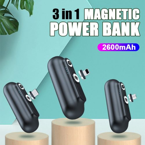 Garas Mini Magnetic Charger Power Bank Micro USB Type C 2600mAh Portable Battery Charger for 3 in1 Mobile phone Charger Magetic