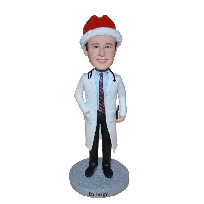 Custom bobblehead:A medical doctor wearing a Christmas hat