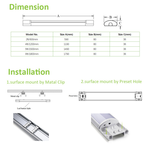 Power and CCT Switchable LED Batten Light 600mm 20W -1200mm 40W -1500mm 60W -1800mm 72W -120lm/w -200-240V -CE, Rohs,CB,SAA