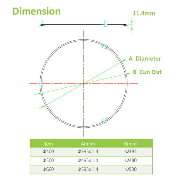 Diameter Φ400/500/600mm Recessed  Down Light Round LED Panel Light  26W 30W 40W 110lm/w CRI 90Ra -CE, Rohs - 5 Years Warranty