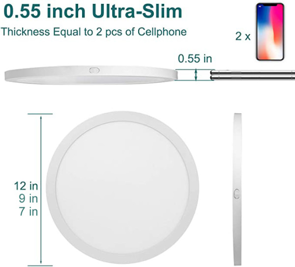 Ultra-Slim 0.55 Inch LED Flush Mount Ceiling Light  7'' 12W -9'' 18W -12'' 24W -120V Dimmable - ETL FCC Energy Star