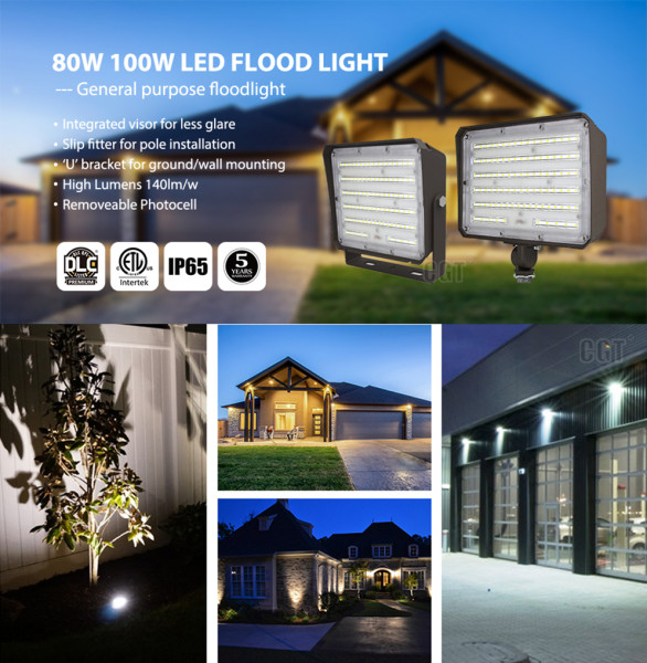 80W 100W LED Flood Light with Photocell Yoke Bracket -130lm/w -100-277V -ETL cETL DLC