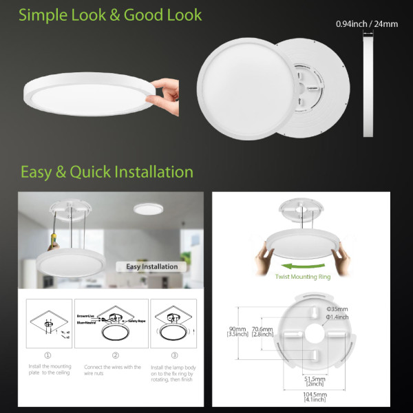 5-CCT Swithcable LUNA Series LED Flush Mount Ceiling Light Slim 0.94 Inch 9'' 18W -12'' 24W -16'' 36W -120V or 240V Dimmable - ETL FCC Energy Star CE Rhos