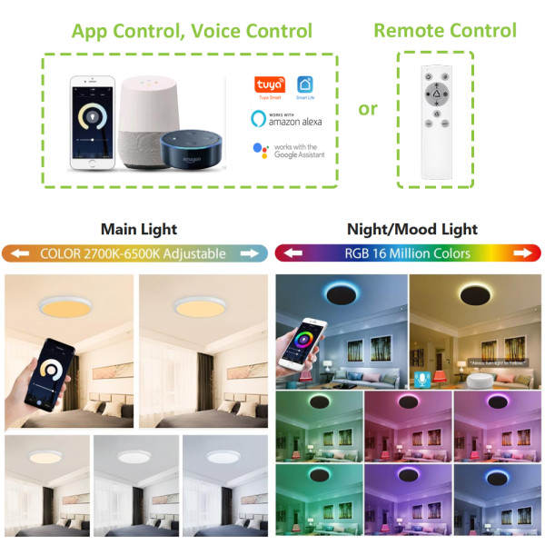White and RGB Mood Light  WIFI Smart Ceiling Light - APP / Vioce / Remote Contorl -Work with Amazon Alexa, Google Assistant -100-240V -ETL cETL CE Rhos