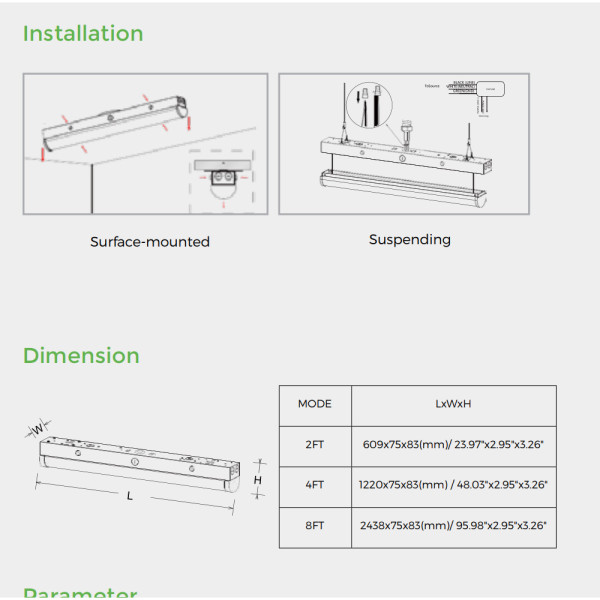 Power & CCT Switchable LED Linear Strip Light 4FT 40W 60W -8FT 60W 80W 120W -140lm/w -100-277V or 120-347V -0-10V Dimmable