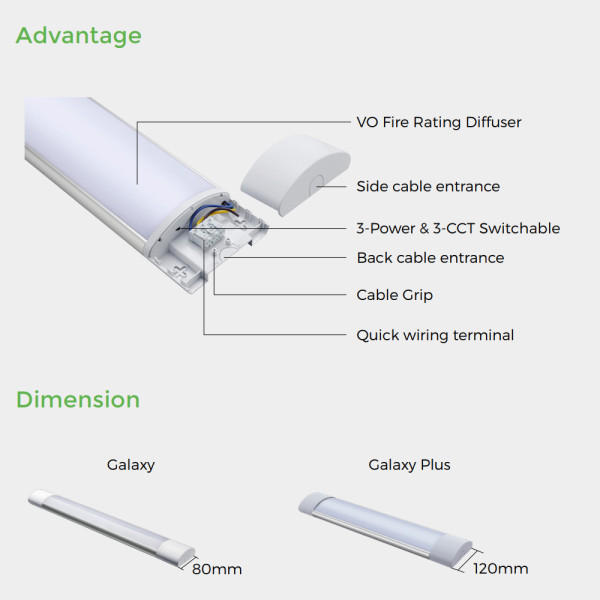 CCT Switchable LED Batten Light 600mm 20W 30W -1200mm 40W 50W-1500mm 60W 72W -120lm/w -200-240V -CE, Rohs,CB,SAA