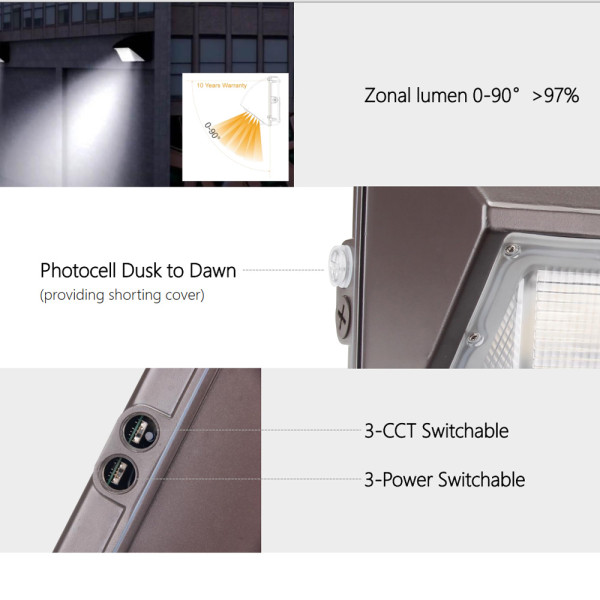 Half Cut Off LED Wall Pack With Photocell -PC Cover -42W 60W 80W 100W 120W  -100-277V or 100-347V -ETL cETL DLC 5.1 Premium