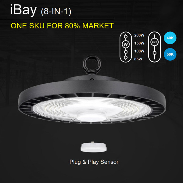 150lm/w or 200lm/w UFO LED High Bay Light 200W 150W 100W 85W Swithchable-100-277V -0-10V Dim with Sensor socket -ETL DLC5.1 Premium CE CB SAA  -5 Years Warranty