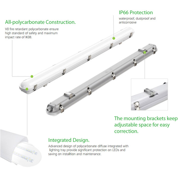 2FT 4FT 8FT LED Vapor Tight Fixture 40W 50W 60W 80W 100W -130lm/w -100-277V or 120-347V -UL cUL ETL DLC Premium