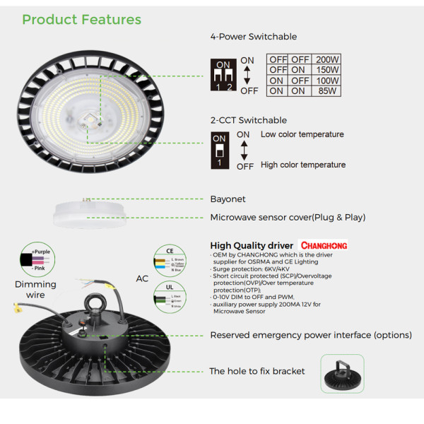 Emergency UFO LED High Bay Light 150lm/w or 200lm/w 200W 150W 100W 85W Swithchable-100-277V -0-10V Dim with Sensor socket -ETL DLC5.1 Premium CE CB SAA  -5 Years Warranty