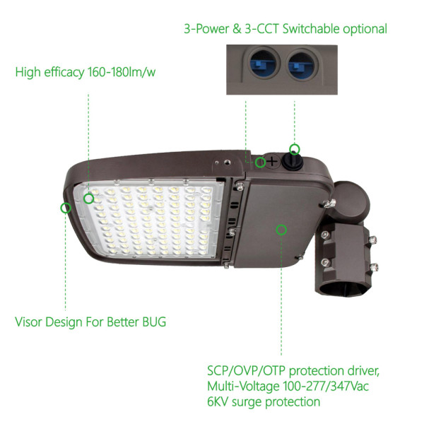3-Power Switchable LED Parking Lot Light Shoebox Light With Photocell or Sensor 75W 100W 150W 200W 240W -160lm/w -100-277V /100-347V /277-480V -ETL cETL DLC 5.1 Premium