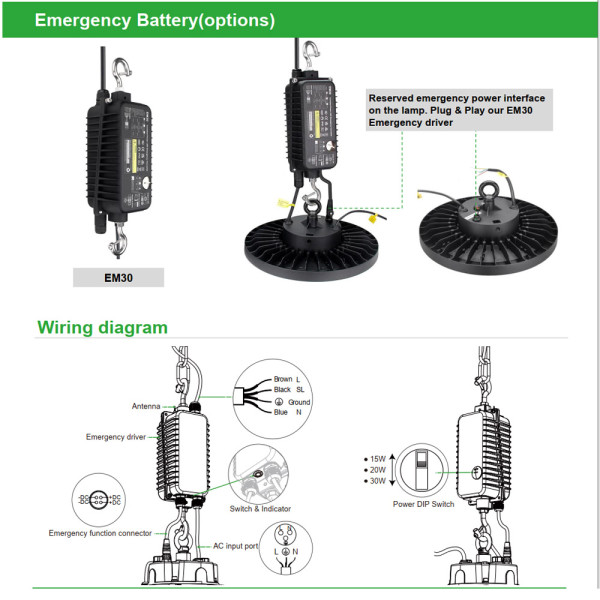 Emergency UFO LED High Bay Light 150lm/w or 200lm/w 200W 150W 100W 85W Swithchable-100-277V -0-10V Dim with Sensor socket -ETL DLC5.1 Premium CE CB SAA  -5 Years Warranty